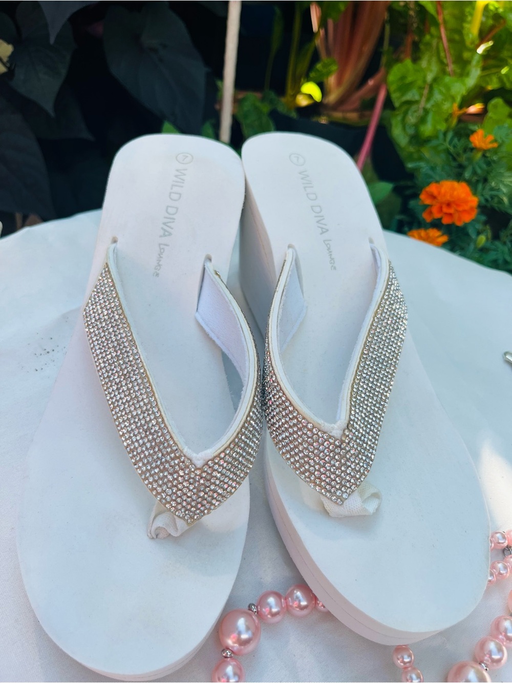 Wild Diva Ivory Rhinestone Wedge Thong Sandals